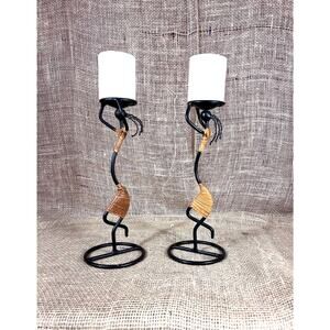 Set of 2 MCM Laurids Lonborg Wrought Iron Rattan Candle Holder Tribal Sculpture